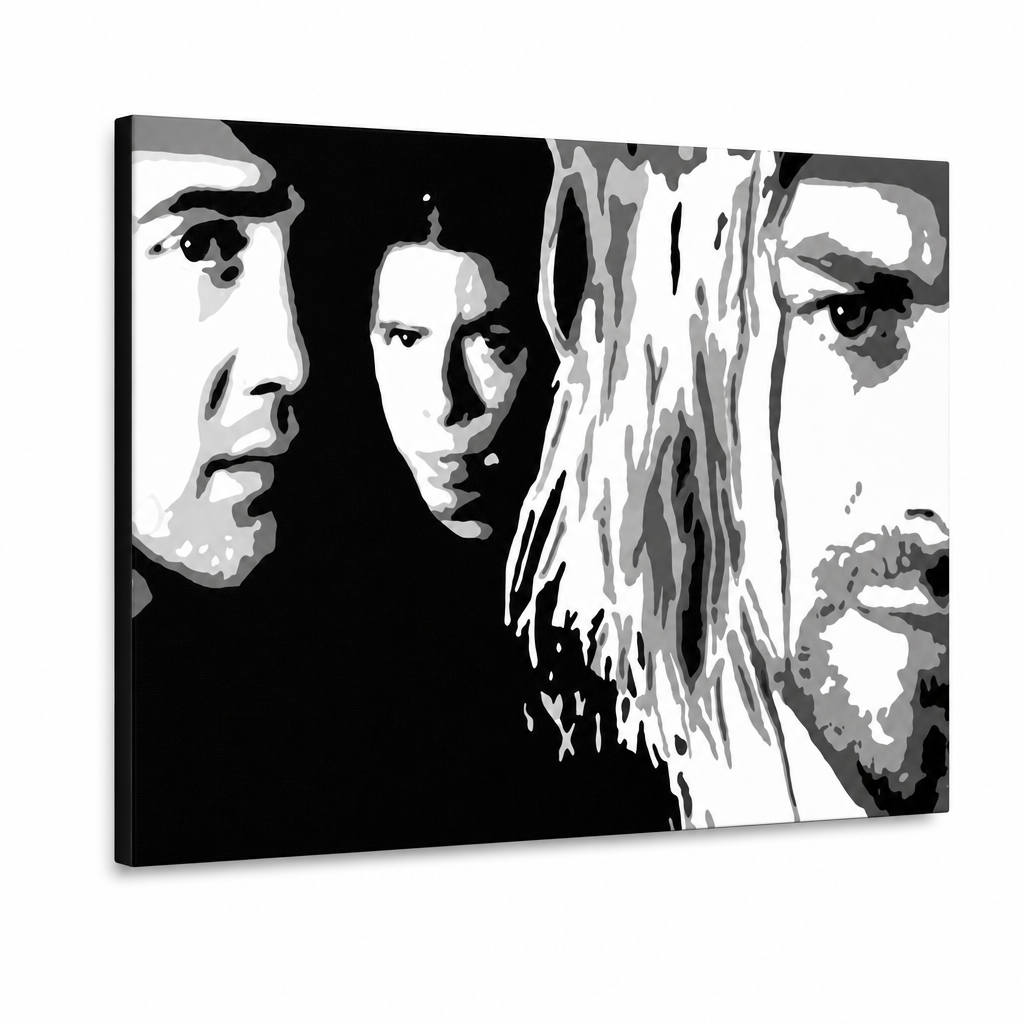 Ručno oslikana POP art slika Nirvana 1 komad nir – 3D визуелизација ручно осликаног платна на белој позадини. Доминантне боје: црна, бела, сива.