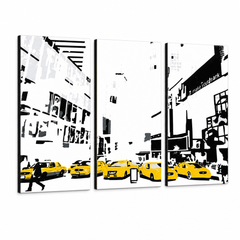 Ručno oslikana POP art slika NjUJORK 3 dela 0107 nyc – 3D визуелизација ручно осликаног платна на белој позадини. Доминантне боје: жута, црна, бела.