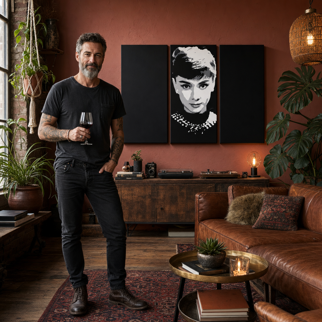 Ručno oslikana POP art slika Odri Hepbern, 3 dela, ah – слика у модерном мушком ентеријеру, lifestyle визуелизација. Доминантне боје: црна, бела, сива.