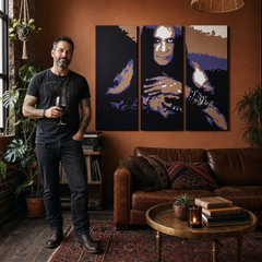 Ručno oslikana POP art slika Ozija Ozborna od 3 dela, Oz – слика у модерном мушком ентеријеру, lifestyle визуелизација. Доминантне боје: црна, љубичаста, смеђа, бела, плава.