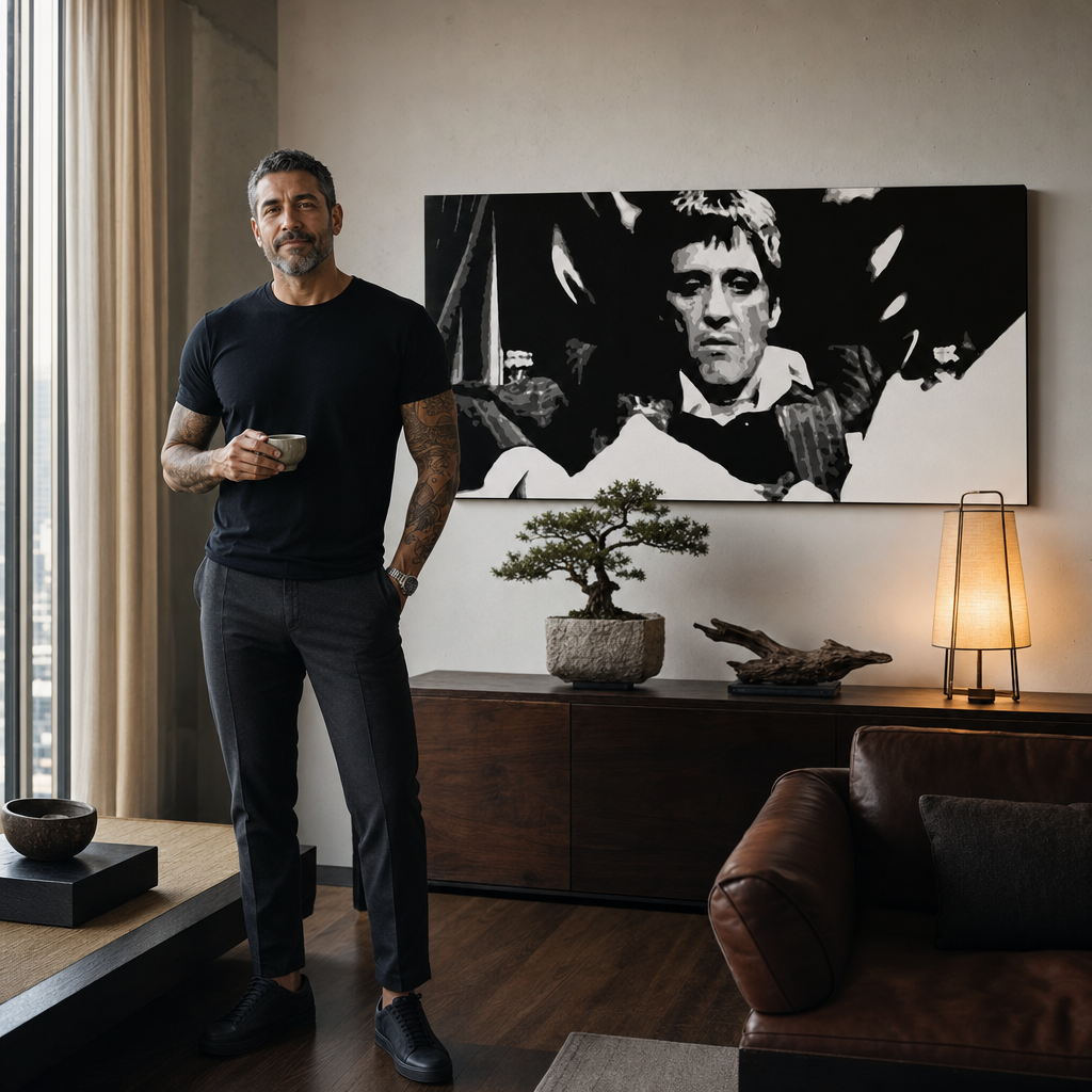 Ručno oslikana POP art slika Ožiljak 1 deo smk – слика у модерном мушком ентеријеру, lifestyle визуелизација. Доминантне боје: црна, бела, сива.