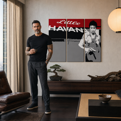 Ručno oslikana POP art slika Ožiljak - AL PAĆINO 3 dela al39 – слика у модерном мушком ентеријеру, lifestyle визуелизација. Доминантне боје: црвена, црна, сива, бела.