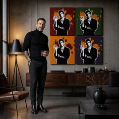 Ručno oslikana POP art slika Ožiljak - AL PAĆINO 4 dela al36 – слика у модерном мушком ентеријеру, lifestyle визуелизација. Доминантне боје: црна, наранџаста, црвена, зелена, љубичаста.