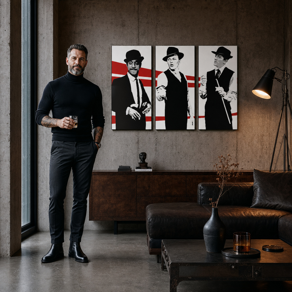 Ručno oslikana POP art slika Pacov paket od 3 dela rp – слика у модерном мушком ентеријеру, lifestyle визуелизација. Доминантне боје: црна, бела, црвена.