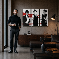 Ručno oslikana POP art slika Pacov paket od 3 dela rp – слика у модерном мушком ентеријеру, lifestyle визуелизација. Доминантне боје: црна, бела, црвена.