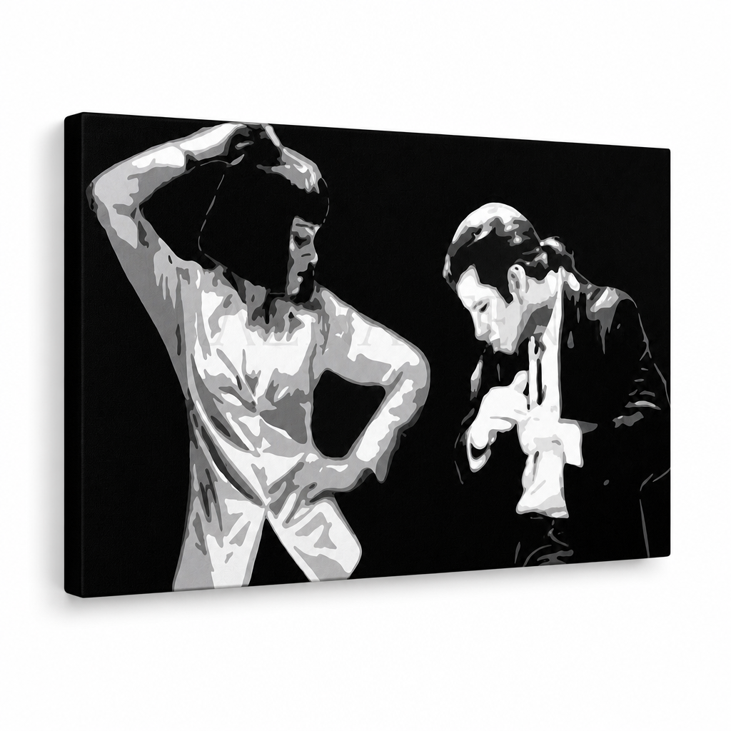 Ručno oslikana POP art slika Palp fikcija 1 komad pulp4 – 3D визуелизација ручно осликаног платна на белој позадини. Доминантне боје: црна, бела, сива.