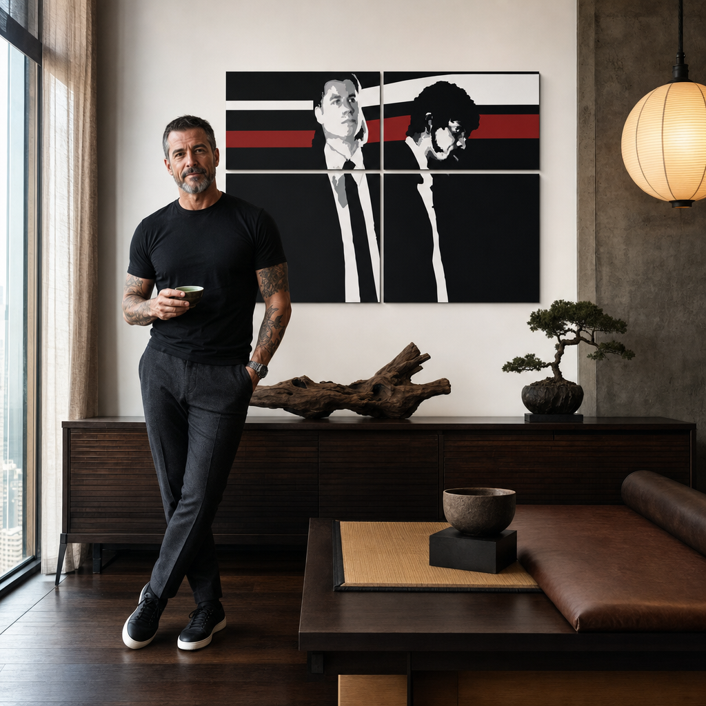 Ručno oslikana POP art slika Palp fikcija, 4 dela pulpe – слика у модерном мушком ентеријеру, lifestyle визуелизација. Доминантне боје: црна, црвена, бела, сива, смеђа.
