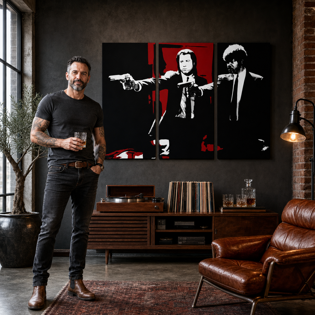 Ručno oslikana POP art slika Palp fikcija od 3 dela pulp5 – слика у модерном мушком ентеријеру, lifestyle визуелизација. Доминантне боје: црна, црвена, бела.