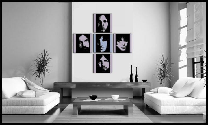 Pop art slika na platnu s motivom Pink Floyd 4 delni pf, priroda u belo-plavih nijansama okačena u enterijeru kancelarije, muzička istorija – enterijer