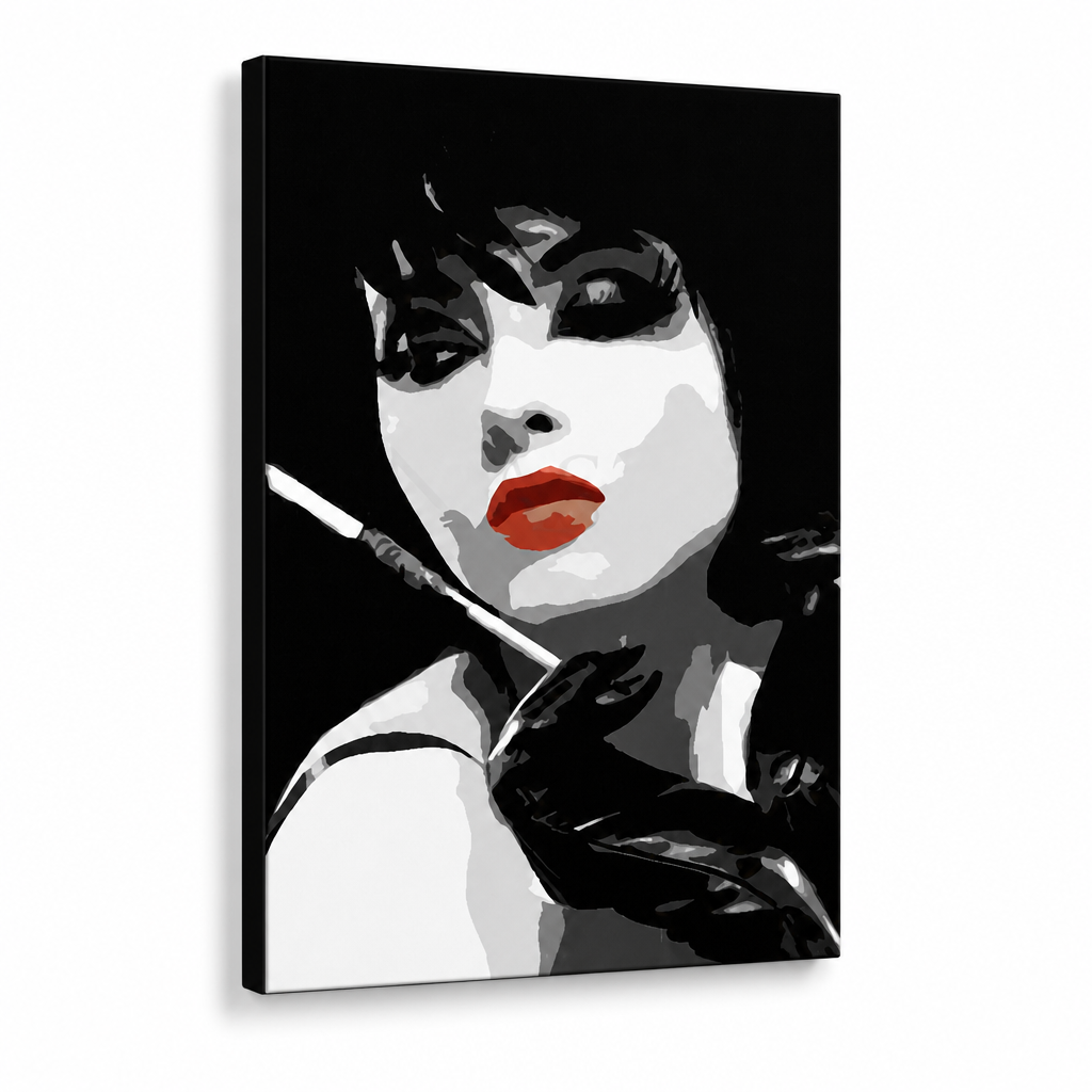 Ručno oslikana POP art slika Pop žena 1 komad ppv – 3D визуелизација ручно осликаног платна на белој позадини. Доминантне боје: црна, бела, црвена.