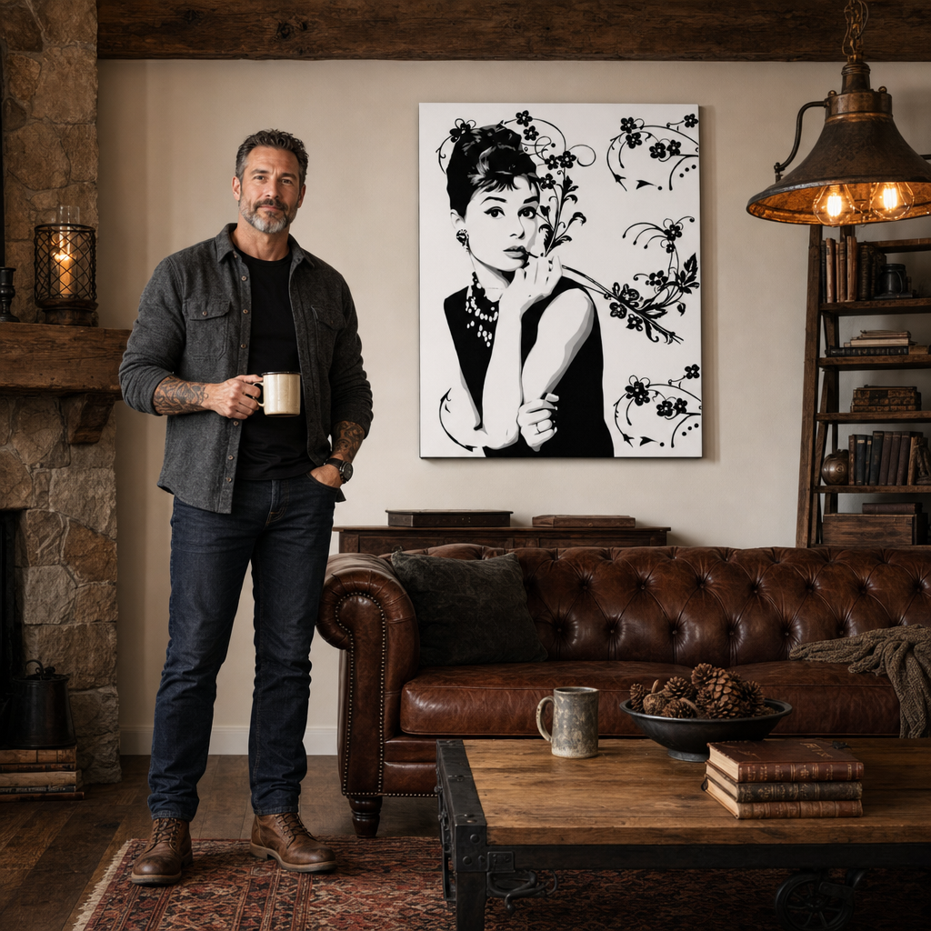 Ručno oslikana POP art slika Popust -15% Odri Hepbern ah4 – слика у модерном мушком ентеријеру, lifestyle визуелизација. Доминантне боје: црна, бела, сива.