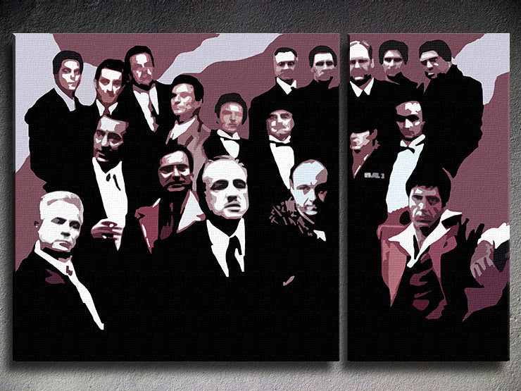 Pop art slika na platnu s motivom The MAFIA Family, automobil u belo-crnih nijansama, dramatična atmosfera, porodica i snaga i moć, pogodan za dnevnog boravka – proizvod