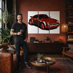 Ručno oslikana POP art slika PORŠE 911, 3 dela, por2 – слика у модерном мушком ентеријеру, lifestyle визуелизација. Доминантне боје: црвена, црна, бела.