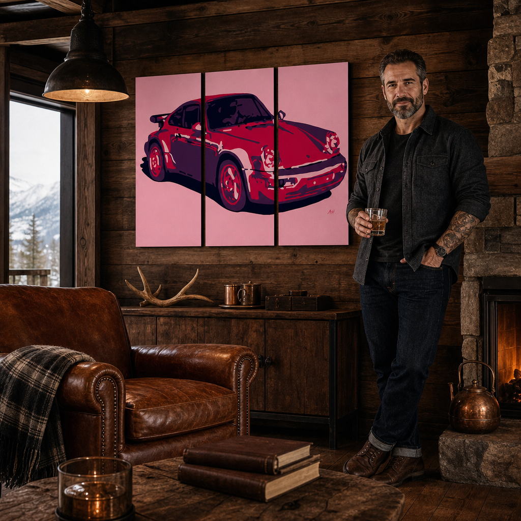 Ručno oslikana POP art slika PORŠE 911, 3 dela, por3 – слика у модерном мушком ентеријеру, lifestyle визуелизација. Доминантне боје: црвена, розе, црна.
