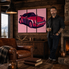 Ručno oslikana POP art slika PORŠE 911, 3 dela, por3 – слика у модерном мушком ентеријеру, lifestyle визуелизација. Доминантне боје: црвена, розе, црна.
