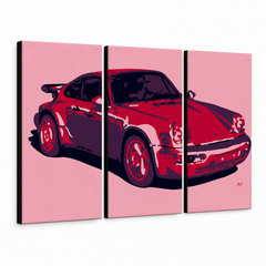 Ručno oslikana POP art slika PORŠE 911, 3 dela, por3 – 3D визуелизација ручно осликаног платна на белој позадини. Доминантне боје: црвена, розе, црна.