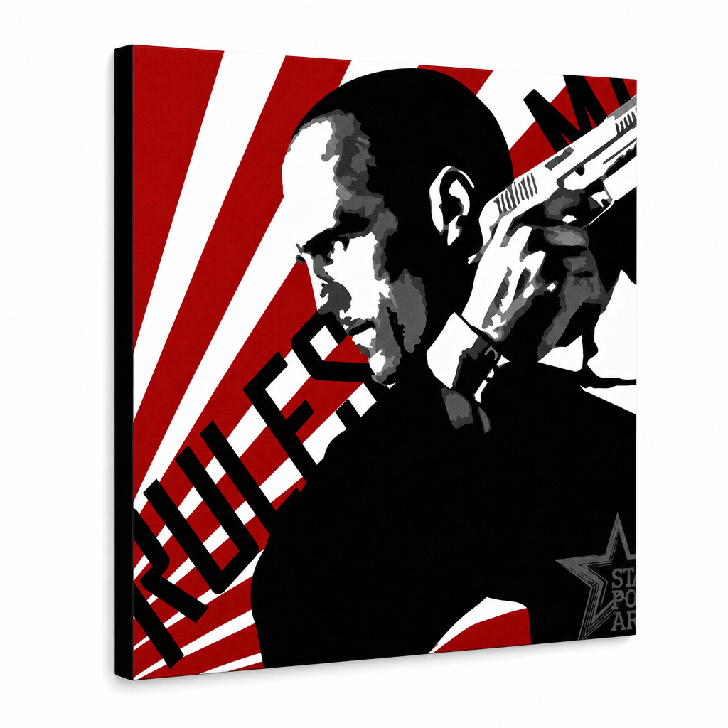Ručno oslikana POP Art slika PREVOZNIK - Kurir 1 deo kur2 – 3D визуелизација ручно осликаног платна на белој позадини. Доминантне боје: црвена, црна, бела.