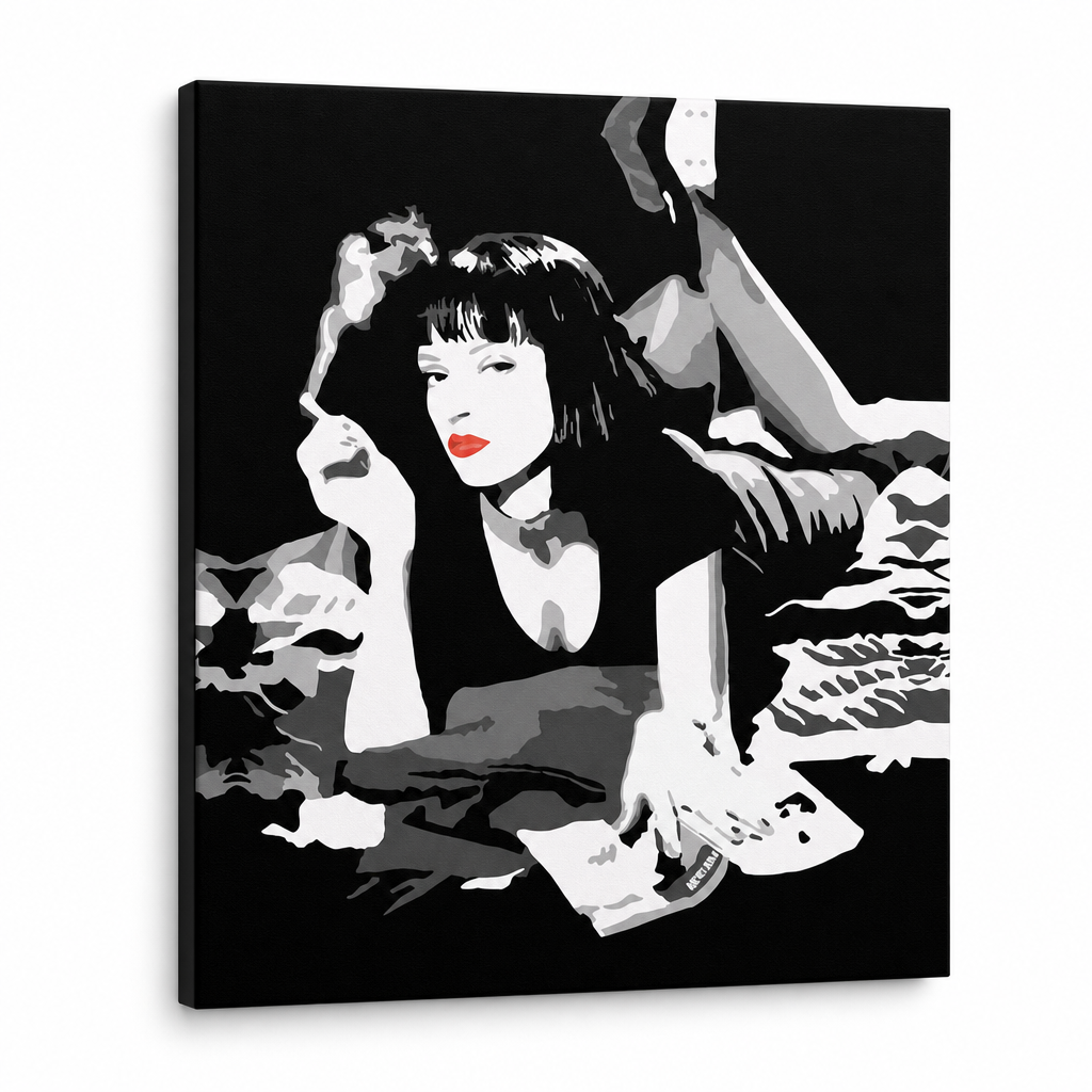 Ručno oslikana POP art slika PULP FIKCIJA 1 komad pulp6 – 3D визуелизација ручно осликаног платна на белој позадини. Доминантне боје: црна, бела, црвена.