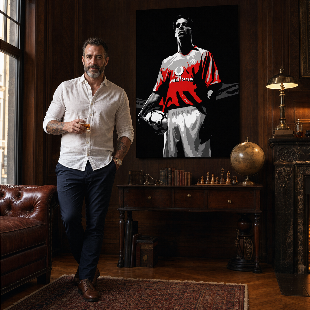 Ručno oslikana POP art slika Ruud van Nistelroj 1 komad rvn – слика у модерном мушком ентеријеру, lifestyle визуелизација. Доминантне боје: црна, црвена, бела, сива.