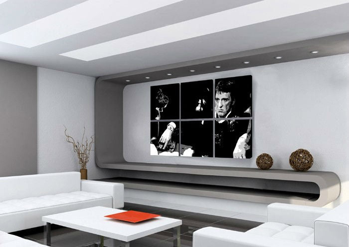 Ručno slikan slika na platnu s motivom SCARFACE-AL PACINO u crno-belih nijansama, dramatična atmosfera, filmski svet i luksuzan utisak | Ručno slikan POP Art slika SCARFACE-AL PACINO – glavna