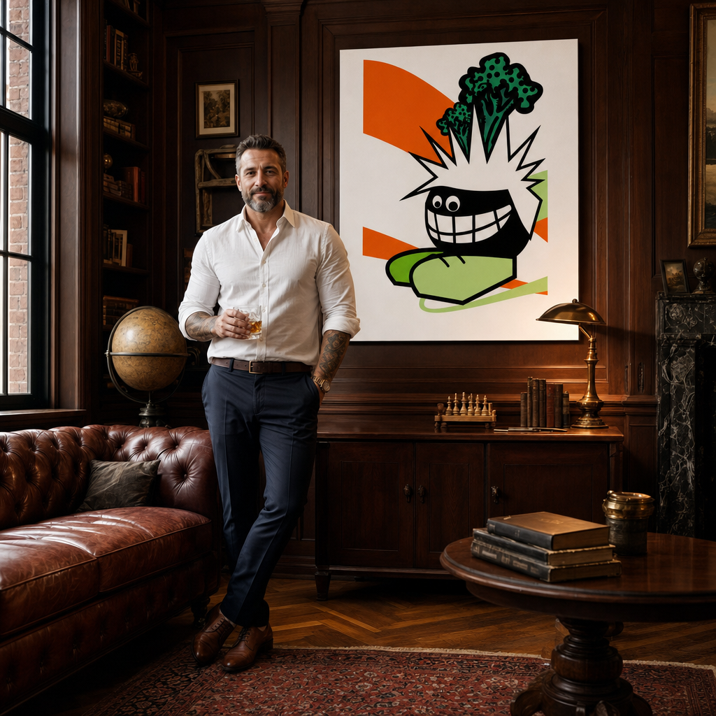 Ručno oslikana POP art slika, smešna, 1 komad, smešno – слика у модерном мушком ентеријеру, lifestyle визуелизација. Доминантне боје: наранџаста, црна, зелена.
