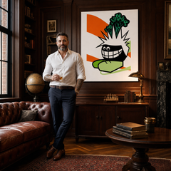 Ručno oslikana POP art slika, smešna, 1 komad, smešno – слика у модерном мушком ентеријеру, lifestyle визуелизација. Доминантне боје: наранџаста, црна, зелена.
