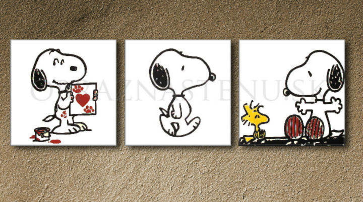 Ručno slikan slika na platnu s motivom SNOOPY, srce u belo-crnih nijansama, razigrana atmosfera, ljubav i nostalgija | Ručno slikan POP Art slika SNOOPY – proizvod
