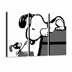 Ručno oslikana POP Art slika SNUPI 3 dela snoopy3 – 3D визуелизација ручно осликаног платна на белој позадини. Доминантне боје: црна, бела, сива.