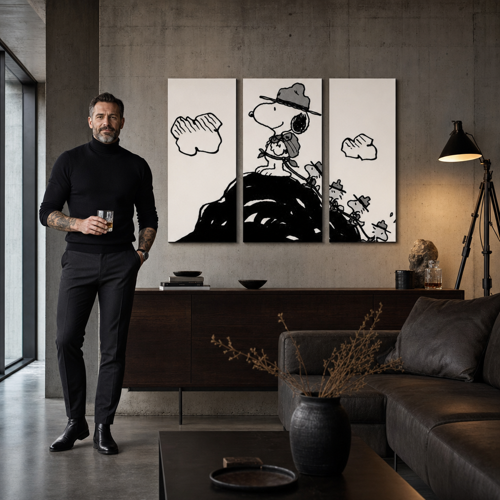 Ručno oslikana POP Art slika SNUPI od 3 dela snoopy2 – слика у модерном мушком ентеријеру, lifestyle визуелизација. Доминантне боје: црна, бела.