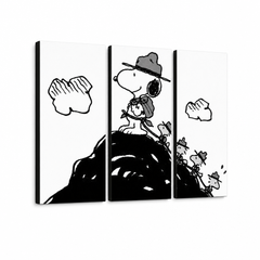 Ručno oslikana POP Art slika SNUPI od 3 dela snoopy2 – 3D визуелизација ручно осликаног платна на белој позадини. Доминантне боје: црна, бела.