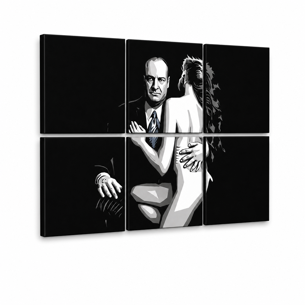 Ručno oslikana POP Art slika SOPRANOS od 6 delova, sop2 – 3D визуелизација ручно осликаног платна на белој позадини. Доминантне боје: црна, бела, плава.