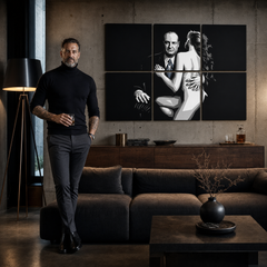 Ručno oslikana POP Art slika SOPRANOS od 6 delova, sop2 – слика у модерном мушком ентеријеру, lifestyle визуелизација. Доминантне боје: црна, бела, плава.