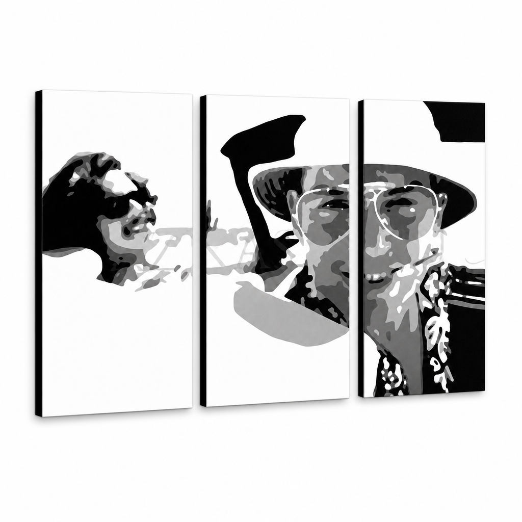 Ručno oslikana POP art slika Strah i gnušanje u Las Vegasu, 3 dela, levo – 3D визуелизација ручно осликаног платна на белој позадини. Доминантне боје: црна, бела, сива.