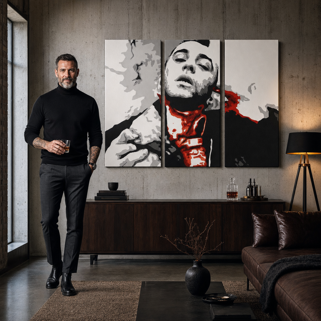 Ručno oslikana POP art slika Taksista od 3 dela Taksi – слика у модерном мушком ентеријеру, lifestyle визуелизација. Доминантне боје: црна, бела, црвена, сива, наранџаста.