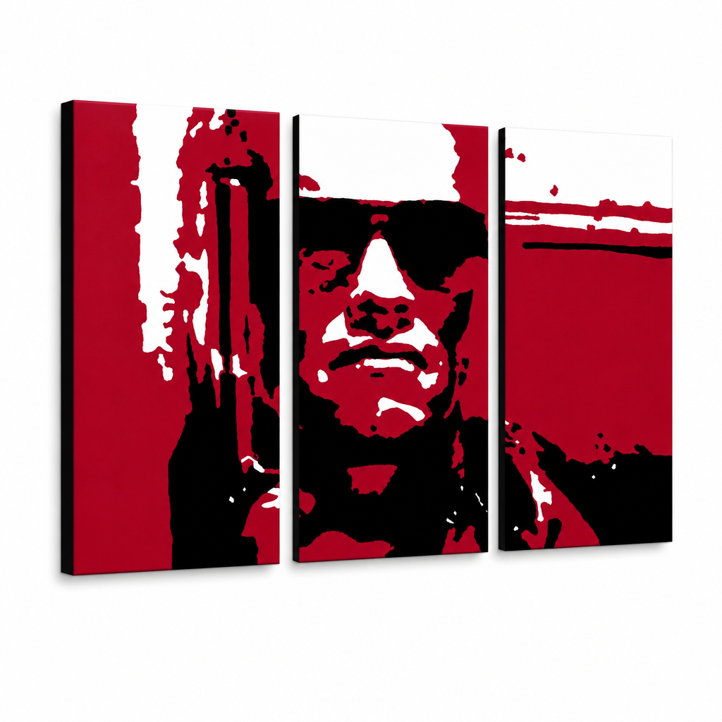 Ručno oslikana POP art slika Terminator 3 dela ter2 – 3D визуелизација ручно осликаног платна на белој позадини. Доминантне боје: црвена, црна, сива.