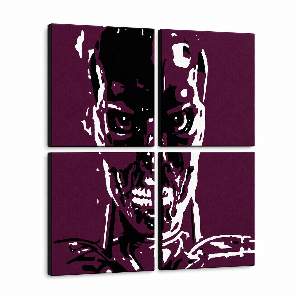 Ručno oslikana POP art slika TERMINATOR od 4 dela – 3D визуелизација ручно осликаног платна на белој позадини. Доминантне боје: црна, бела, љубичаста.