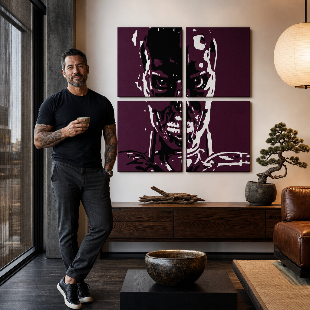 Ručno oslikana POP art slika TERMINATOR od 4 dela – слика у модерном мушком ентеријеру, lifestyle визуелизација. Доминантне боје: црна, бела, љубичаста.
