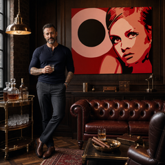 Ručno oslikana POP Art slika Tvigi 1 komad 0001 tv – слика у модерном мушком ентеријеру, lifestyle визуелизација. Доминантне боје: црвена, розе, црна, беж, наранџаста.