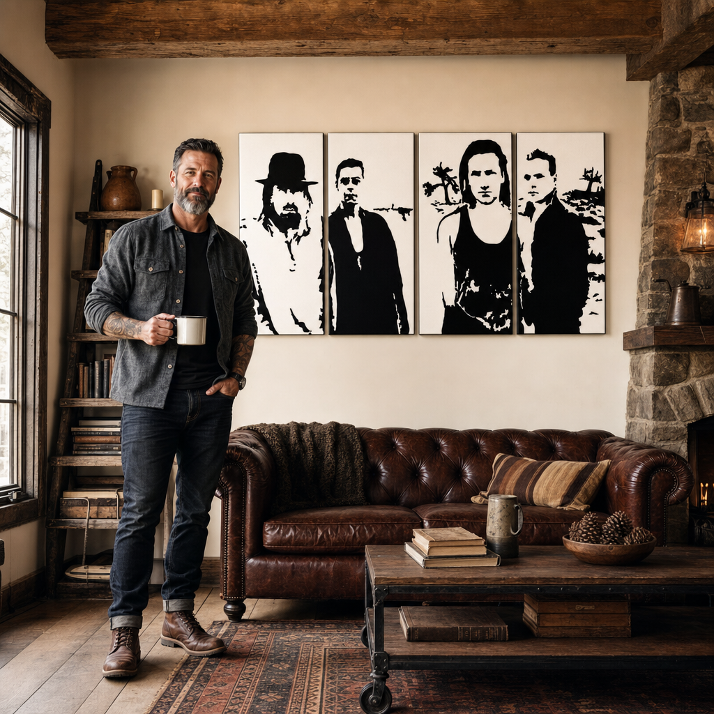 Ručno oslikana POP art slika U2 u crnoj boji, 4 dela U22 – слика у модерном мушком ентеријеру, lifestyle визуелизација. Доминантне боје: црна, бела.
