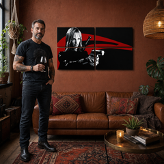 Ručno oslikana POP art slika Ubiti Bila, 4 dela, kb – слика у модерном мушком ентеријеру, lifestyle визуелизација. Доминантне боје: црна, црвена, бела.