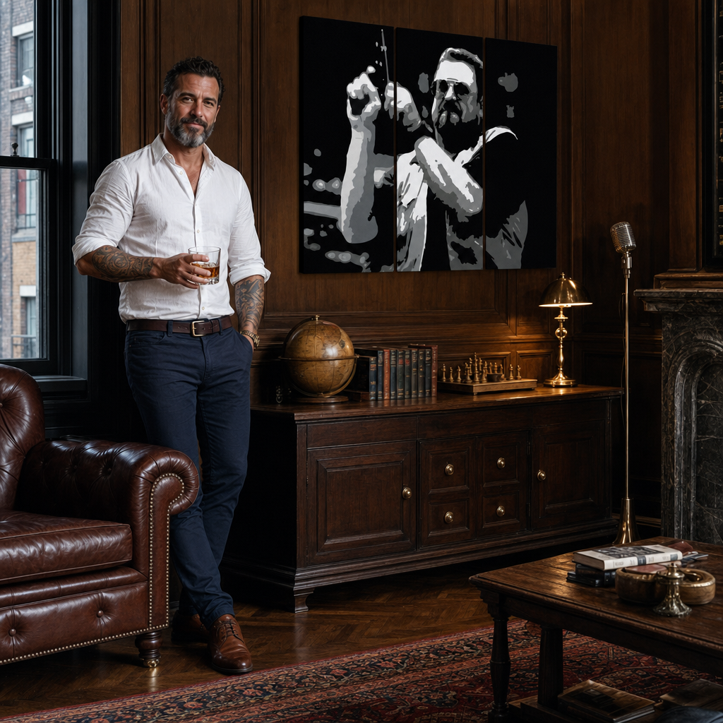 Ručno oslikana POP art slika Veliki Lebovski iz 3 dela – слика у модерном мушком ентеријеру, lifestyle визуелизација. Доминантне боје: црна, бела, сива.