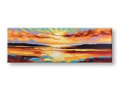 Papilora ručno oslikana slika na platnu ZALAZAK SUNCA, 150x50 cm, u 3D prikazu. Tople nijanse narandžaste, crvene i ljubičaste boje stvaraju opuštajuću atmosferu.
