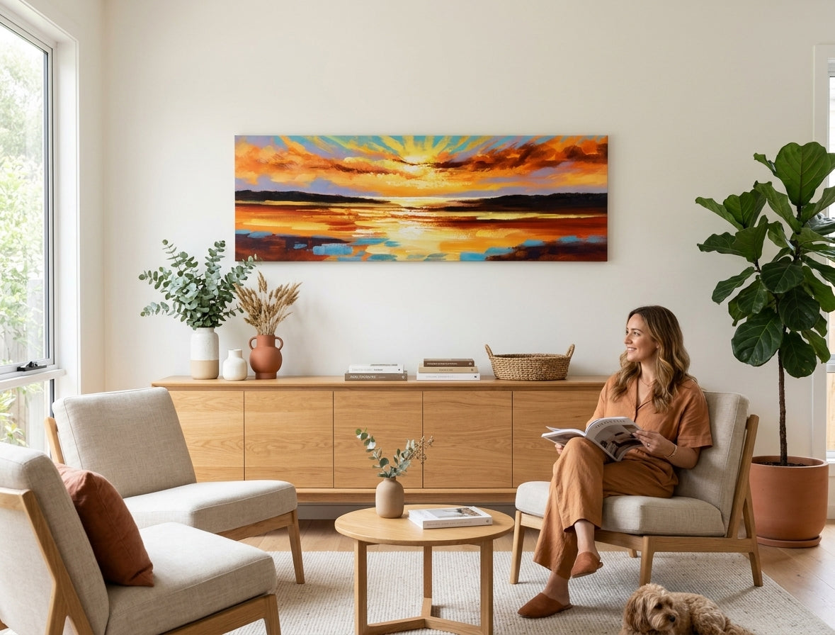 Ručno oslikana slika na platnu ZALAZAK SUNCA, dimenzija 150x50 cm, okačena u modernom enterijeru dnevne sobe. Boje zalaska sunca unose toplinu i mir u prostor.