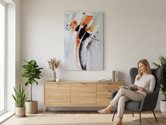Pop art slika na platnu s motivom pejzaž, priroda u belo-narandžastih nijansama okačena u enterijeru kancelarije, energična atmosfera, pokret | Slikana slika za zid APSTRAKT – enterijer