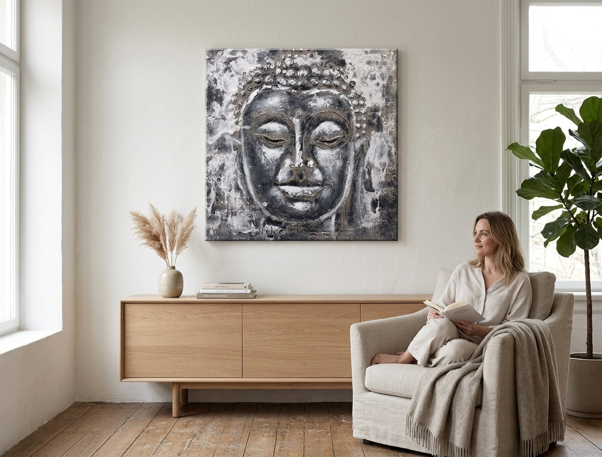 Ručno slikan slika na platnu s motivom BUDHA, Buddha u belo-sivih nijansama okačena u enterijeru dnevnog boravka, mirna atmosfera, duhovnost – enterijer