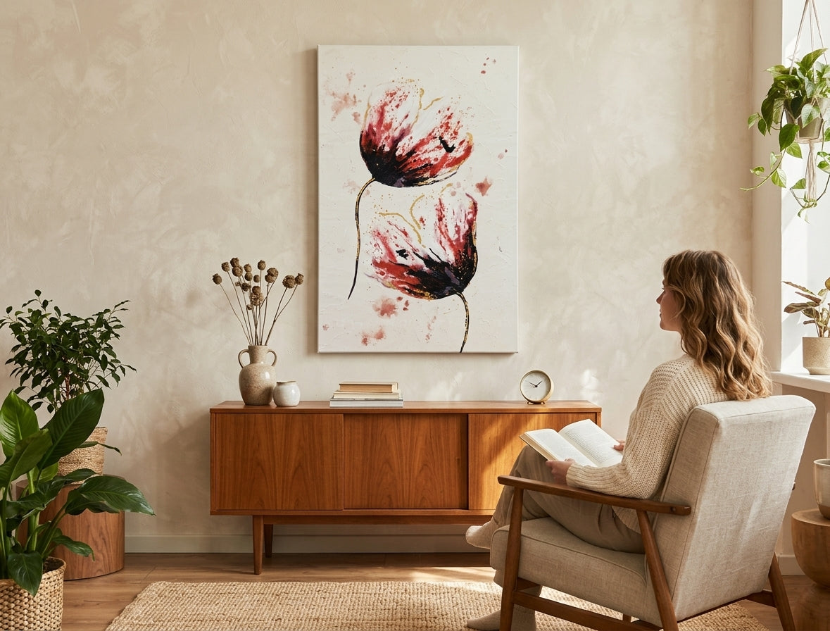 Ručno slikan slika na platnu s motivom cveće, tulipani, priroda u belo-ružičastih nijansama okačena u enterijeru hodnika, elegantna atmosfera – enterijer