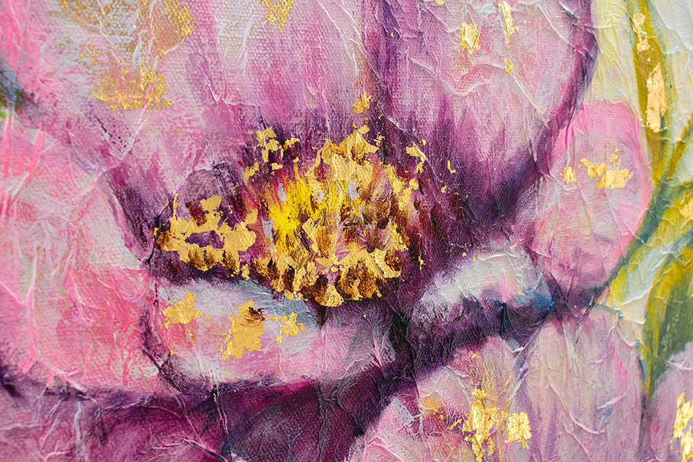 Pop art slika na platnu s motivom cveće, lišće, bašta, pejzaž, priroda u plavo-zlatnih nijansama, vesela atmosfera, priroda i prolećna atmosfera – proizvod, pogled 3