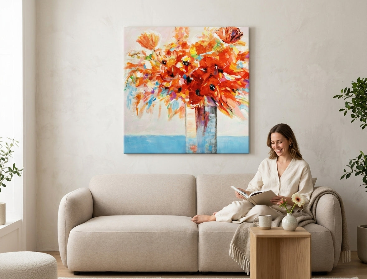 U boho stilu slika na platnu s motivom CVEĆE VO VAZE, cveće, vaza, priroda u belo-plavih nijansama okačena u enterijeru kuhinje, vesela atmosfera – enterijer