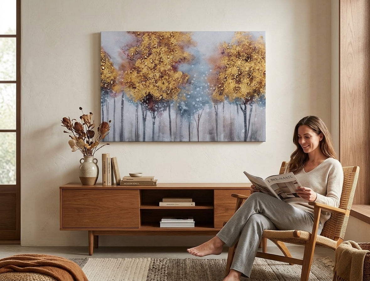 U boho stilu slika na platnu s motivom drveće, šuma, nebo, priroda u belo-smeđih nijansama okačena u enterijeru radne sobe, mirna atmosfera – enterijer