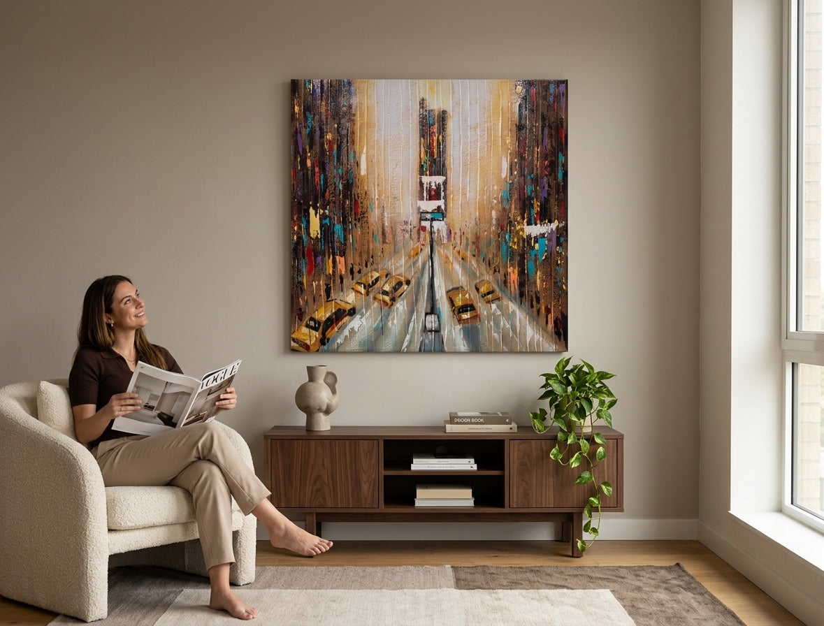 Pop art slika na platnu s motivom kiša, gradski motiv u belo-plavih nijansama okačena u enterijeru kancelarije, energična atmosfera, gradski život – enterijer